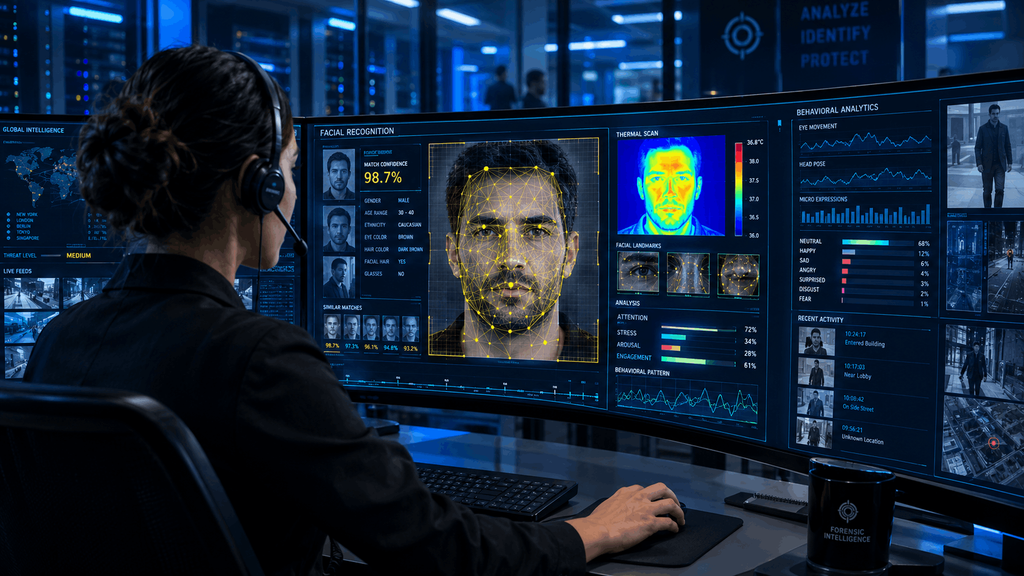 Analista de inteligencia forense examinando software de mapeo biométrico y reconocimiento facial en pantallas ultra panorámicas en Santo Domingo