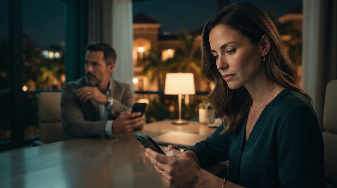 Pareja en una oficina elegante de Santo Domingo por la noche, la mujer en primer plano con expresión de preocupación mirando su móvil, y el hombre desenfocado al fondo con actitud distante mirando hacia la ventana mientras usa su dispositivo
