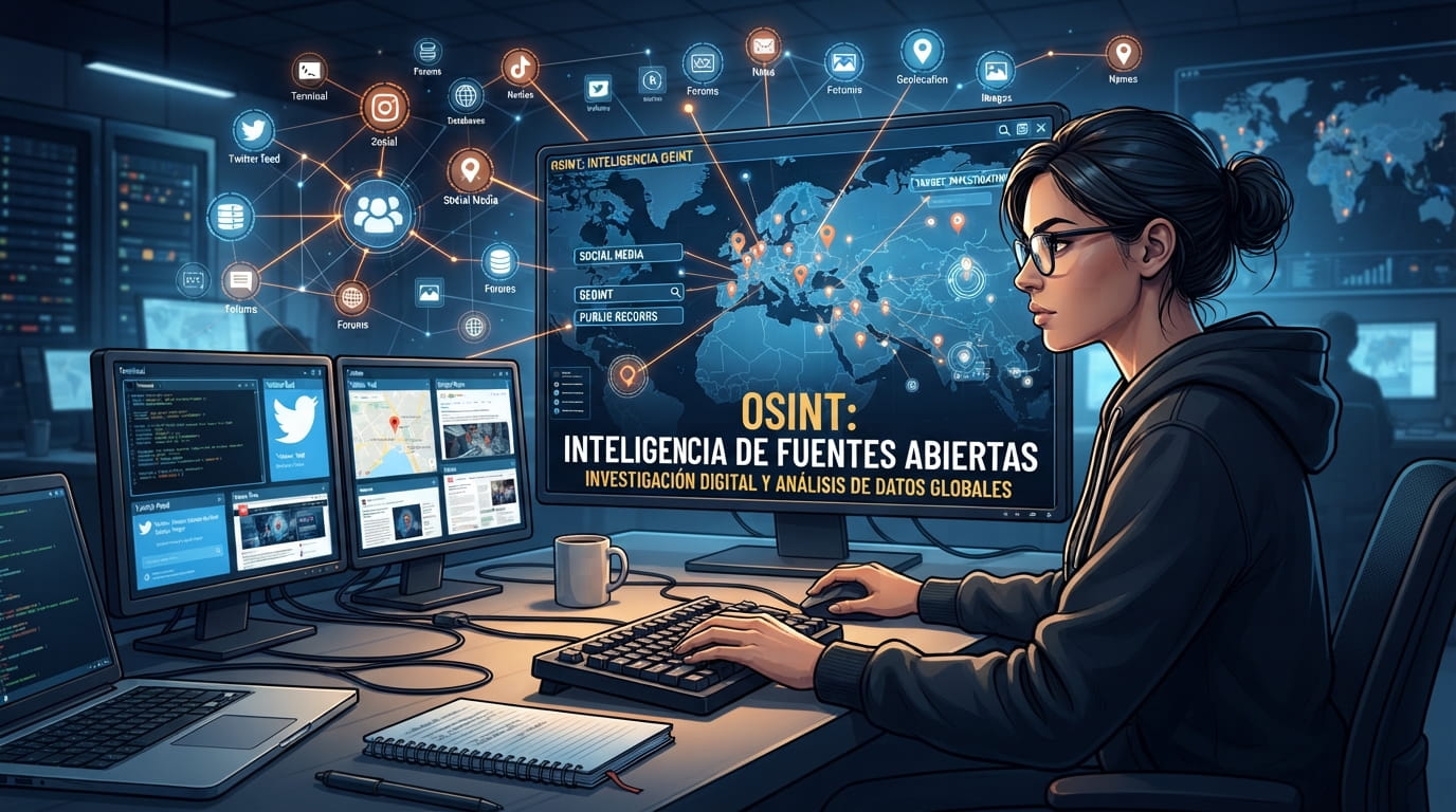 Analista de ciberseguridad trabajando frente a múltiples pantallas con mapas mundiales, diagramas de redes sociales y herramientas de análisis OSINT.