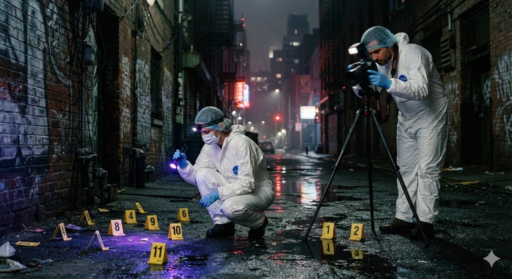 Investigadores forenses analizando indicios y pistas físicas en una escena urbana nocturna para un artículo de investigación criminal