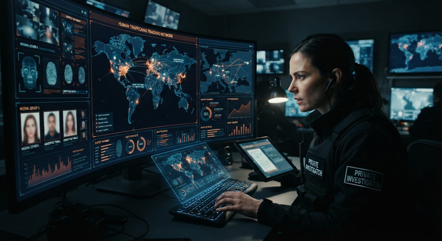 Centro de operaciones de alta tecnología con pantallas oscuras y monitores que muestran mapas globales de rastreo, perfiles biométricos e inteligencia cibernética para la búsqueda de personas desaparecidas.