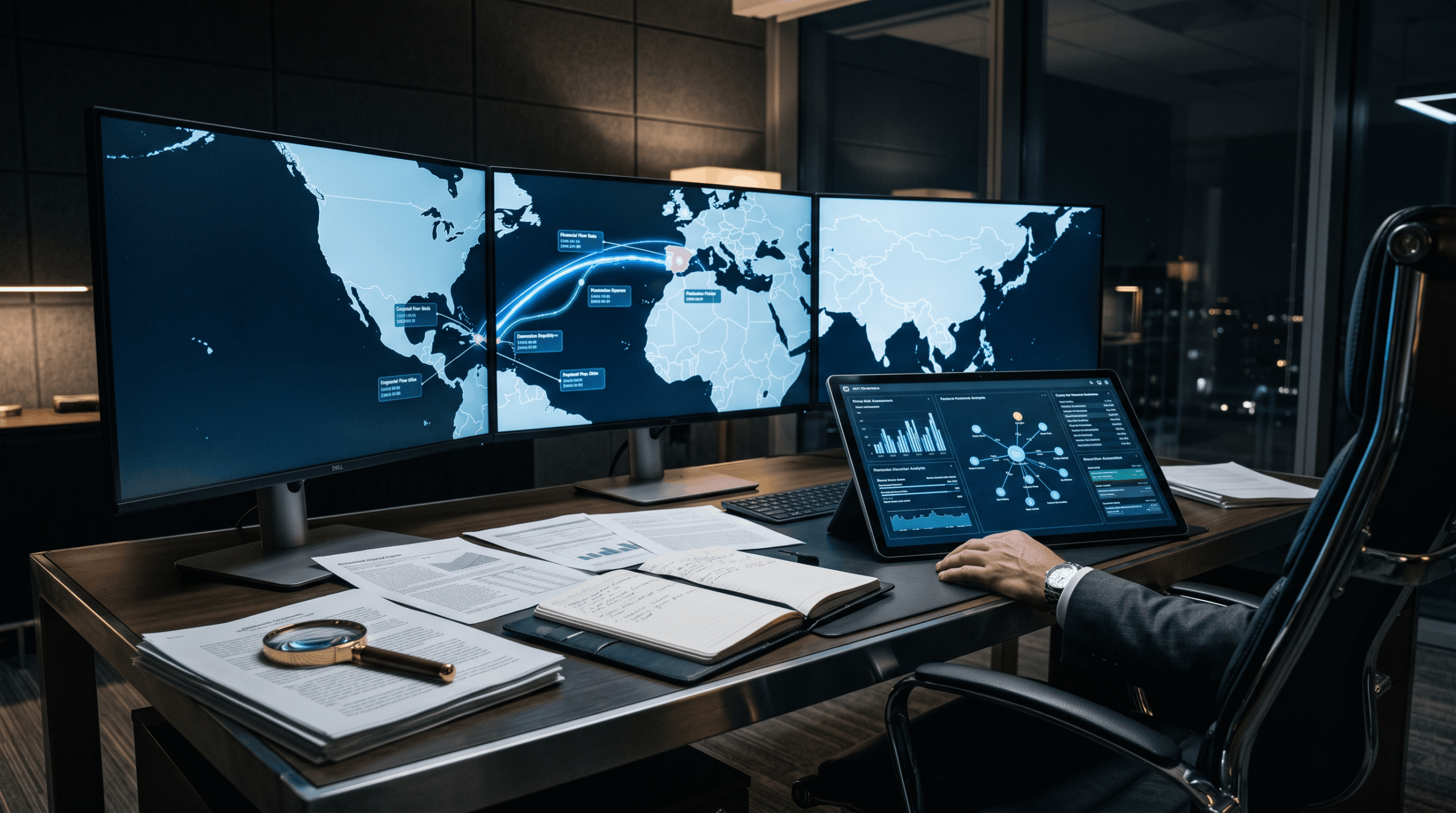 Pantallas digitales con mapas de rastreo global y documentos financieros sobre un escritorio, representando la investigación de deudores a nivel internacional entre España y la República Dominicana.